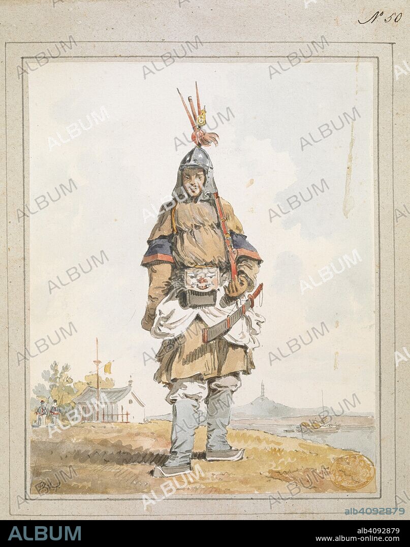 Portrait of a Chinese Soldier. Chinese soldier standing full-length facing front, wearing plumed helmet and holding a rifle over his shoulder and a sword hanging from his belt, with landscape in the background. Signed with initials at bottom left and pasted on mount with washlines. [A collection of eighty views, maps, portraits and drawings illustrative of the Embassy sent to China under George, Earl of Macartney, in 1793; drawn chiefly by William Alexander, some by Sir John Barrow, Bart., some by Sir Henry Woodbine Parish, and one by William Gomm. Many of them are engraved in Sir George Staunton's Narrative of the Embassy, published in 1797.]. 1793. 1 drawing : watercolour, ink and graphite ; sheet 20.5 x 16.5 cm, on support 26.4 x 22.5 cm. Source: Maps 8 TAB.c.8.50.