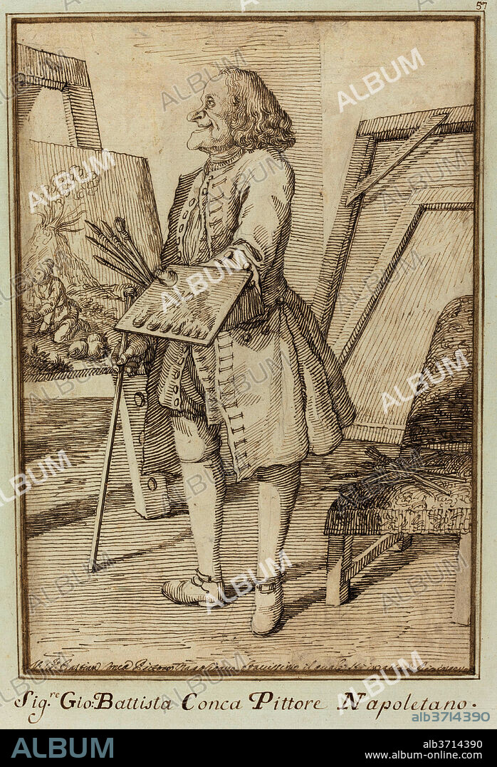 PIER LEONE GHEZZI. Signore Sebastiano Conca, Pittore Napoletano. Dated: 1734/1755. Dimensions: sheet: 31.6 x 21.5 cm (12 7/16 x 8 7/16 in.)  support: 48 x 38 cm (18 7/8 x 14 15/16 in.). Medium: pen and brown ink over black chalk on laid paper mounted on album page.