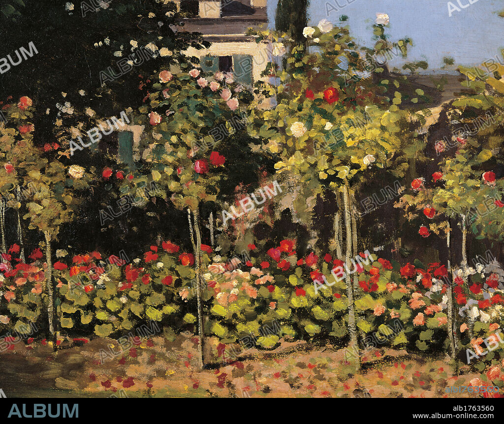 Garden at Sainte Adresse, by Claude Monet, 1866, 19th Century, oil on canvas, cm 65 x 54. France, Ile de France, Paris, Muse dOrsay. Detail garden in Sainte Adresse tree house plants roses red white azure light blue green.