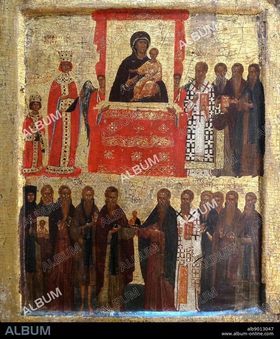 Icon of the Triumph of Orthodoxy. In ad 730 the Byzantine Emperor Leo III forbade the use of icons within the empire. Empress Theodora restored their use in 843. This icon celebrates the Triumph of Orthodoxy over iconoclasm. It shows the empress (top left) and her son, Emperor Michael III, with saints and religious leaders. On an altar is an image of the Virgin Hodegetria ('she who shows the way), which was believed to have been painted by St Luke from life. About 1400 Egg tempera, gesso, wood, linen, gold-leaf.