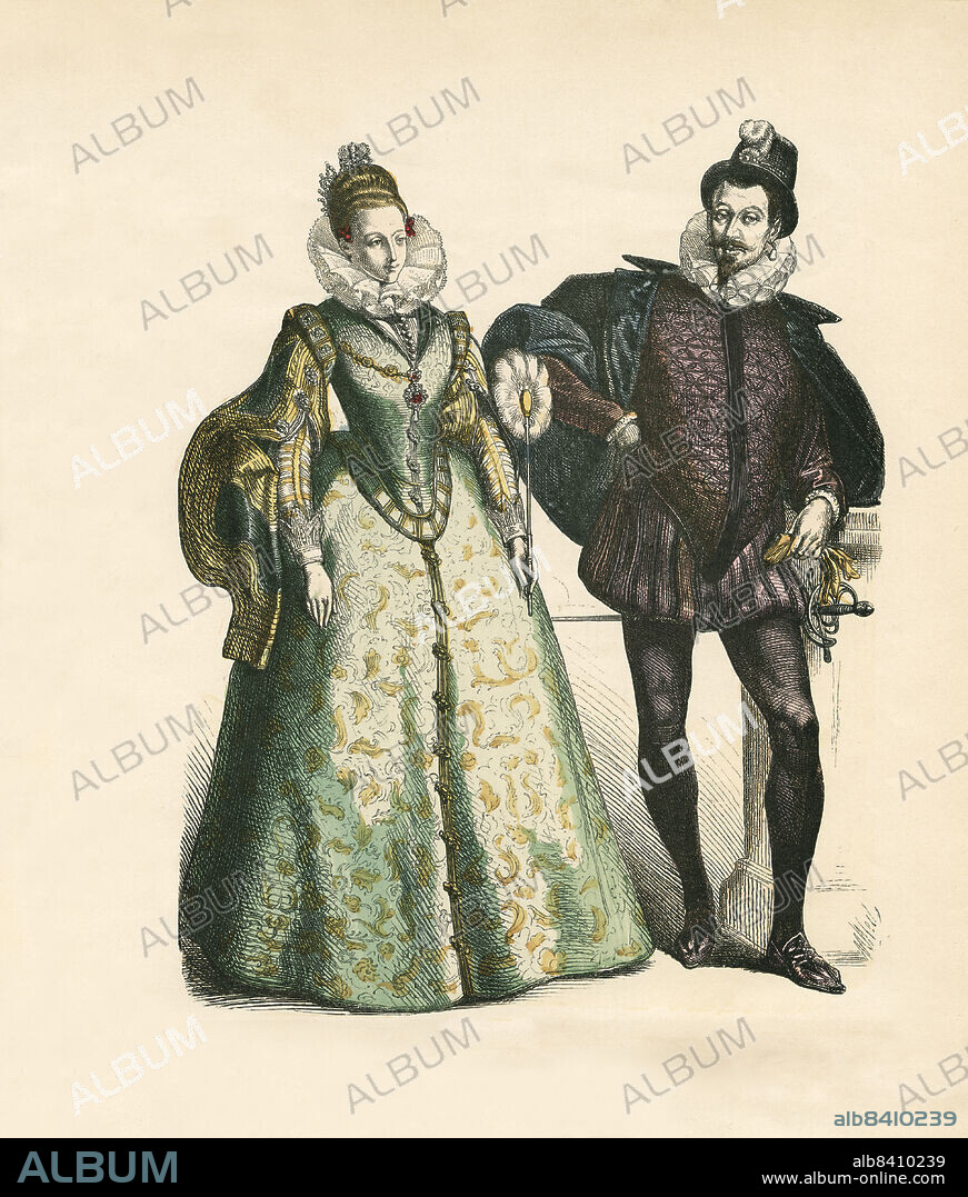 Spanish Noble Couple, Second Third of 16th Century, Illustration, The History of Costume, Braun & Schneider, Munich, Germany, 1861-1880.