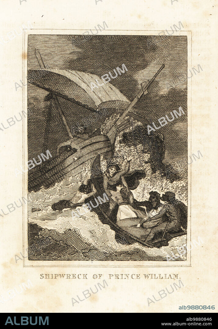 Death of William Adelin, son of King Henry I of England, after his White Ship hit rocks in the English Channel near Barfleur in 1120. William in a life boat with his half-sister. Shipwreck of Prince William. Copperplate engraving from M. A. Jones History of England from Julius Caesar to George IV, G. Virtue, 26 Ivy Lane, London, 1836.