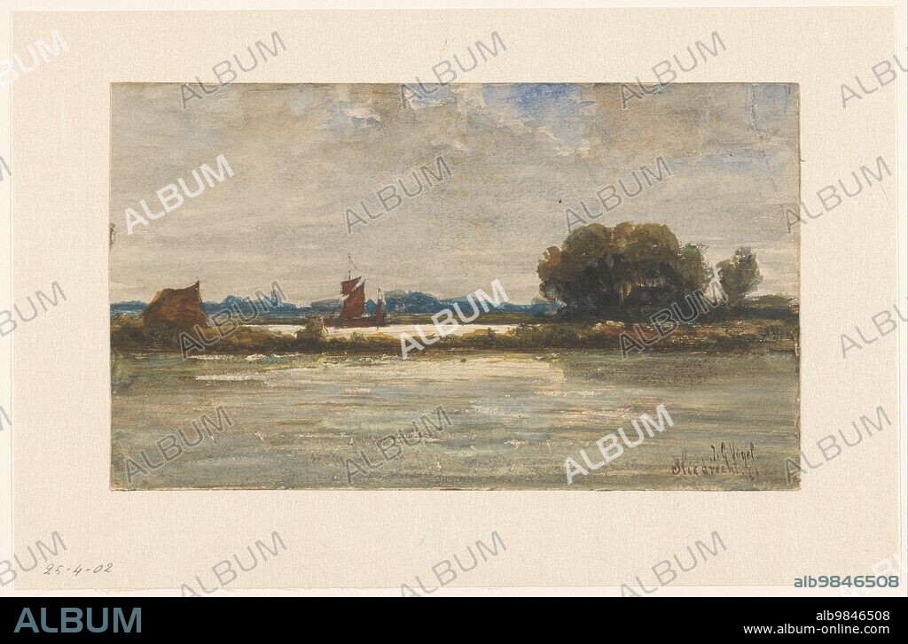 JOHANNES GYSBERT VOGEL. River view at Sliedrecht with sailing ship, 1871.