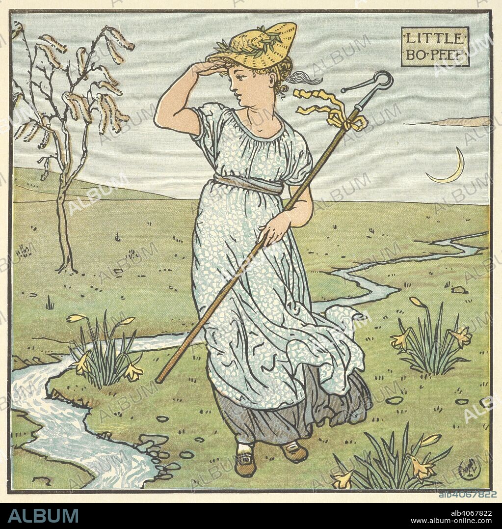WALTER CRANE. Colour illustration for 'Little Boo Peep'. Triplets. Comprising, The Baby's Opera, The Baby's Bouquet, and The Baby's Own Ã†sop. With the original designs in colour by W. Crane, etc. London : G. Routledge & Sons, 1899. Source: K.10.a.25 page 49.