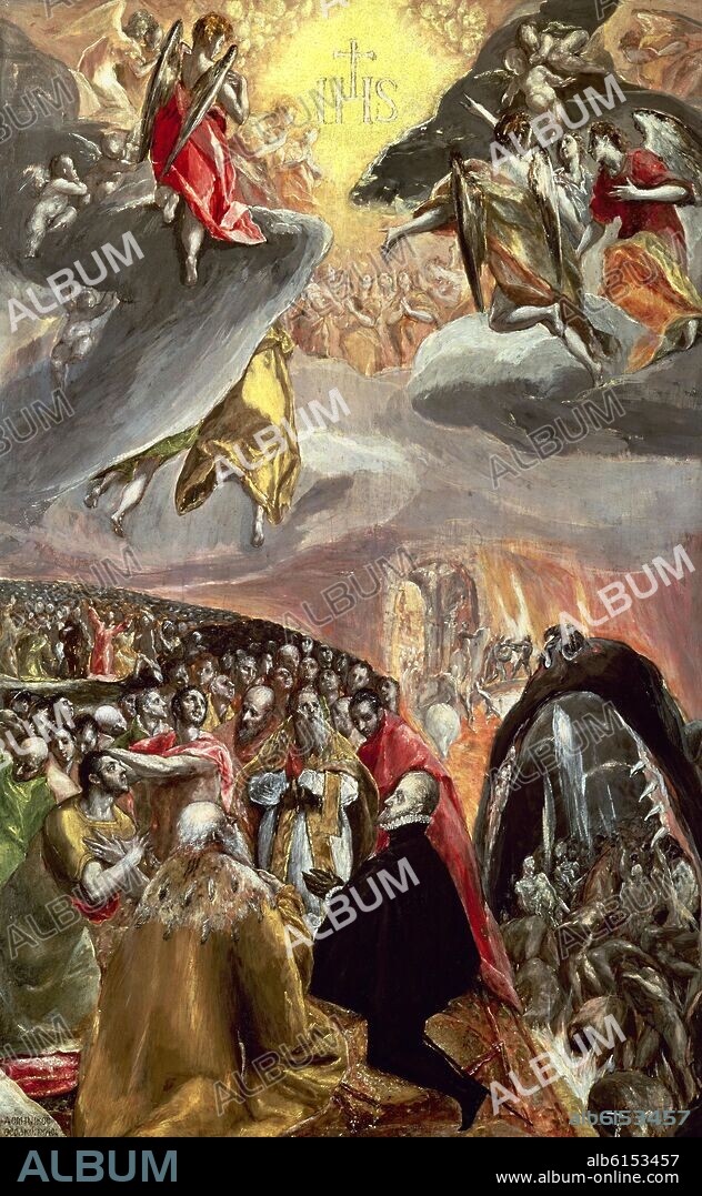 EL GRECO. EL SUEÑO DE FELIPE II ADORACION DEL NOMBRE DE JESUS O LA SANTA LIGA - BOCETO - SIGLO XVI - MANIERISMO ESPAÑOL - O/T - 58x35 cm.