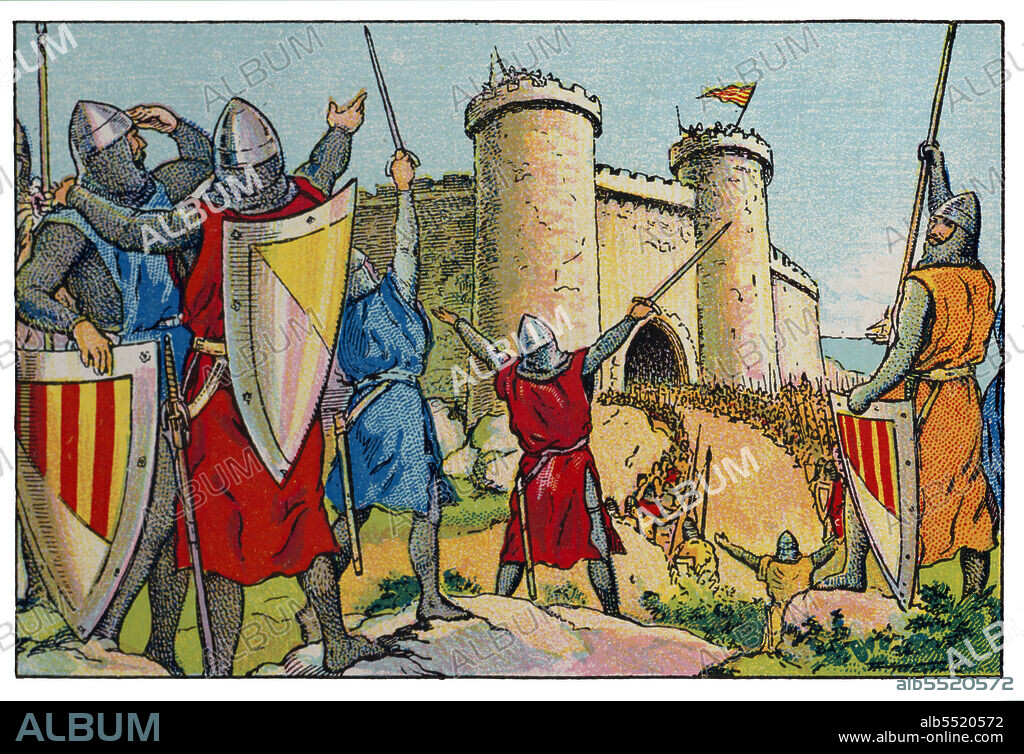 ALBERT MESTRE MORAGAS. Historia de Catalunya. Conquista de Ceuta en 1309 por la Corona de Aragón para ser entregada a los benimerines  quienes cambiaron de bando apoyando al reino nazarí de Granada, lo que impidió el vicealmirante Eimeric de Bellveí bloqueando el estrecho de Gibraltar.  Cromo de Xacolata Juncosa. Año 1932.