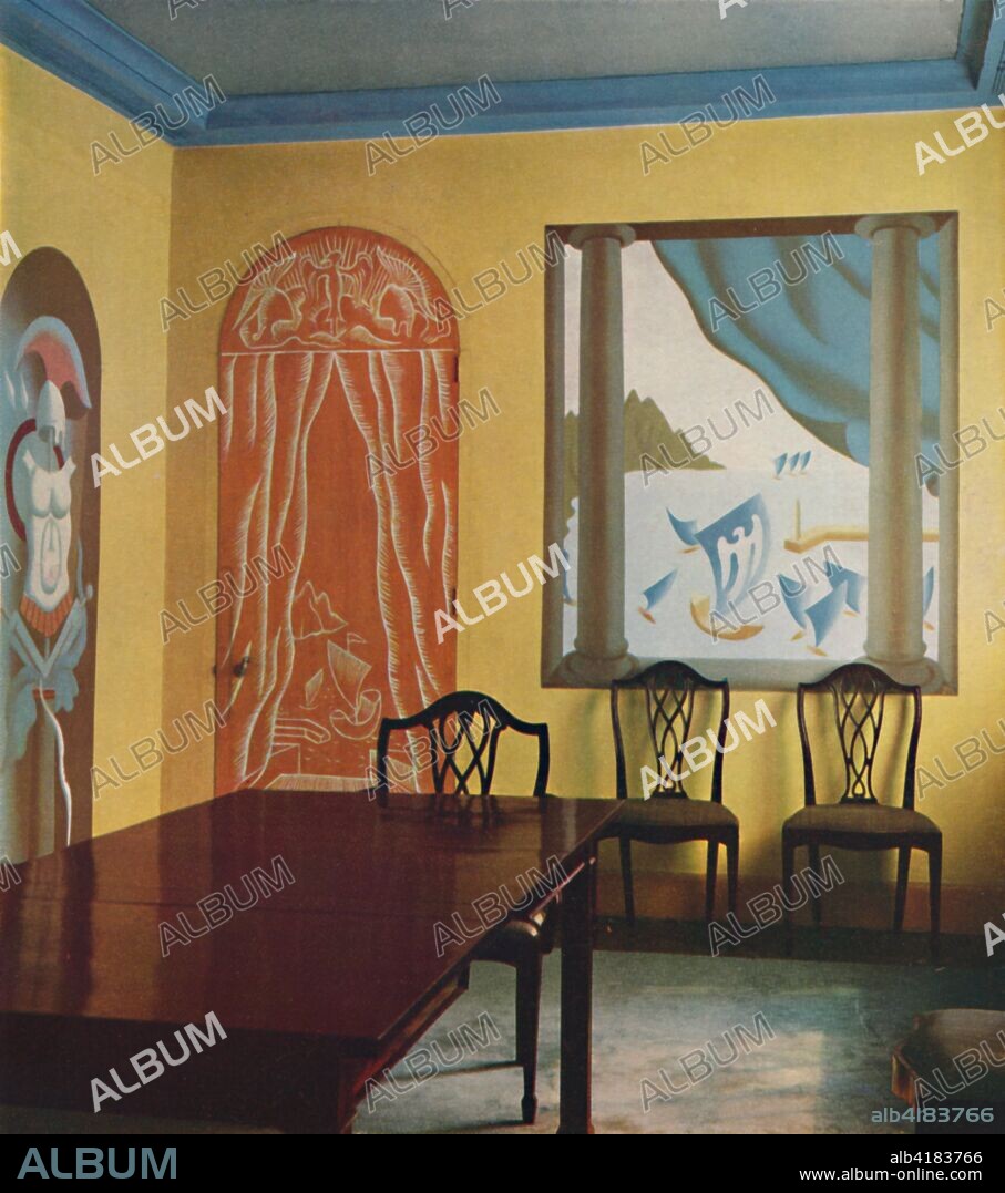 'Wall decorations in a flat at Portman Court', 1933. By John Armstrong. Panels depicting scenes in ancient Rome - seen here, the harbour at Ostium - with semi-circular topped doors. From Decorative Art 1933 - Year-Book of The Studio, edited by C. G. Holme. [The Studio Ltd., London, 1933].