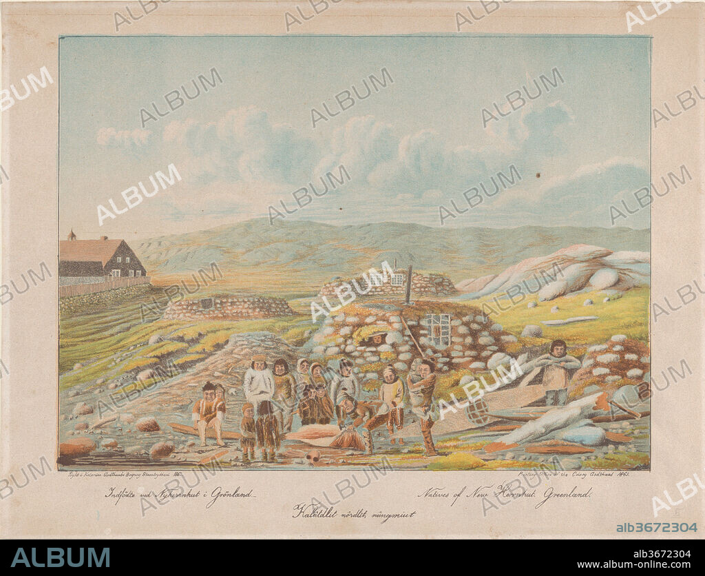 Natives of New Herrnhut, Greenland. Artist: Lars Møller (Greenlandic-Inuit, 1842-1926); After Dr. Hinrich Johannes Rink (Danish, Copenhagen 1819-1893 Christiana). Dimensions: Image: 10 7/16 × 14 3/16 in. (26.5 × 36.1 cm)
Sheet: 12 7/8 × 16 7/8 in. (32.7 × 42.8 cm). Date: 1863.
This lithograph, along with 60.704.1 and 60.704.3, were executed by Lars Moeller, the native Greenlander in charge of the press, after watercolors by Hinrich Rink. It is probable that the prints were designed for export as well as home sale due to the legends in English, Danish, and Greenlandic. They were made in a small number on the lithographic press Rink brought to Greenland in 1857, and these prints are probably the best examples of the early work.