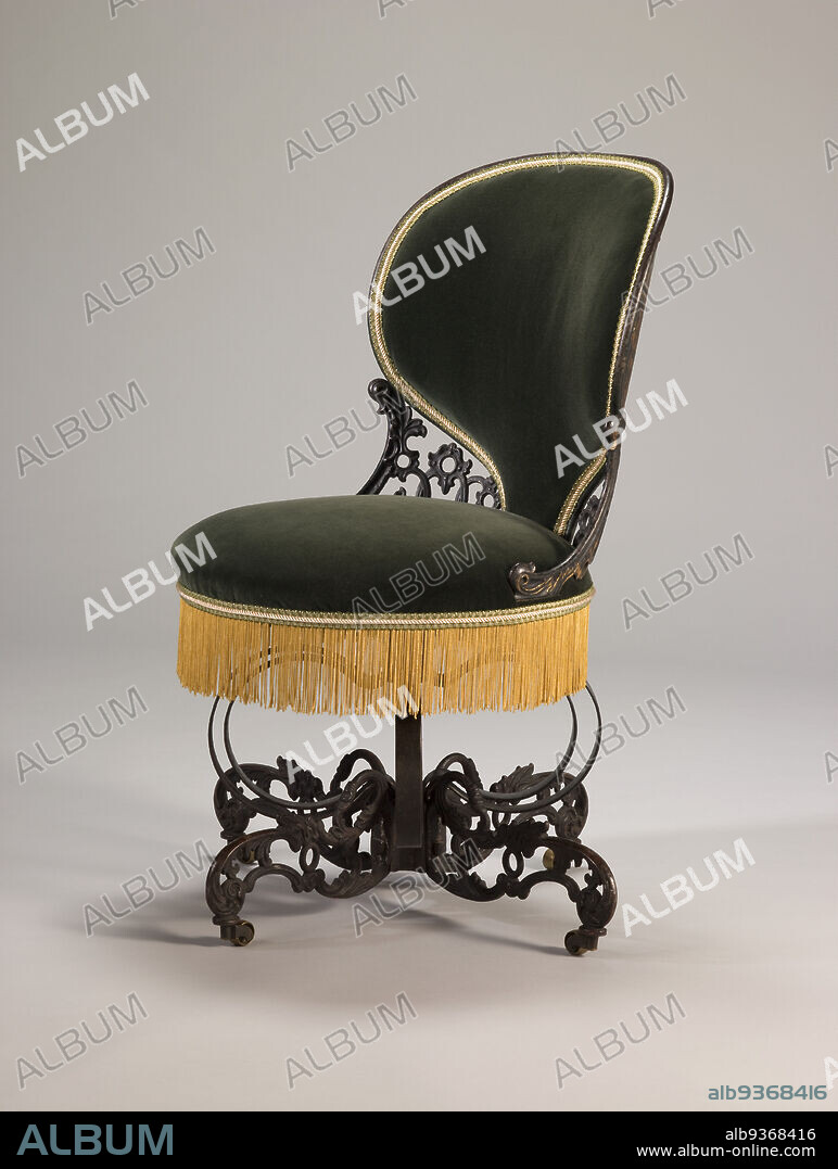 Centripetal Spring Chair, Thomas E. Warren, American, active 18491852, American Chair Company, 18291858, c.1850, Painted and gilded iron, painted steel, wood, and replacement cotton velvet upholstery with silk fringe, Made in Troy, New York, United States, North and Central America, Furniture, 31 1/2 x 23 3/4 x 22 5/8 in. (80 x 60.3 x 57.5 cm).
