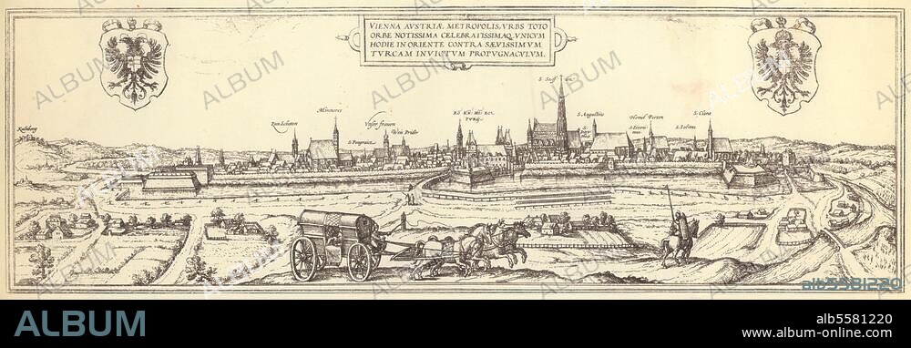 Wien (Österreich). "VIENNA AUSTRIAE METROPOLIS (...) ". (Stadtansicht). Kupferstich. Aus: Georg Braun und Franz Hogenberg, Civitates Orbis Terrarum, Köln (Th. Grimineus) 1572-1618.