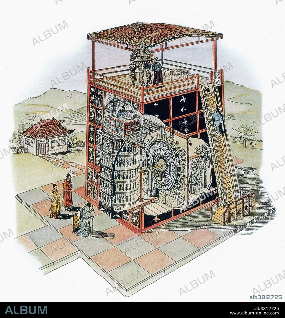 A clock made by Su Sung, an astronomer, on the order of emperor Ting Zong in 1090 was 30 feet tall and was used to clock the planets and stars, and to keep track of the time. On the top was a spherical astronomical instrument used to measure the stars and driven by the clock's giant water-powered mechanism. Inside the tower was a smaller celestial globe whose movements were the same as the one on the roof and which could be viewed in bad weather or if the one on the roof was crowded. On the front of the tower was a pagoda-like structure of five floors, each housing numerous wooden puppets. The puppets would appear about every quarter of an hour day and night, and would play drums, bells, gongs, and string instruments. All the puppets' movements were controlled by the clock's machinery. The clock was powered by a huge water wheel with scoops on the ends of each blade. Water dripped into a scoop until it was full, and then the wheel would turn, causing the water in the scoop to be poured out into a basin and the next scoop to progress and start the process all over again. When the wheel turned the puppets would change and so would the astronomical clocks. Su Sung's clock ran from 1090-1126, when it was moved to Peking, were it stood for several more years.