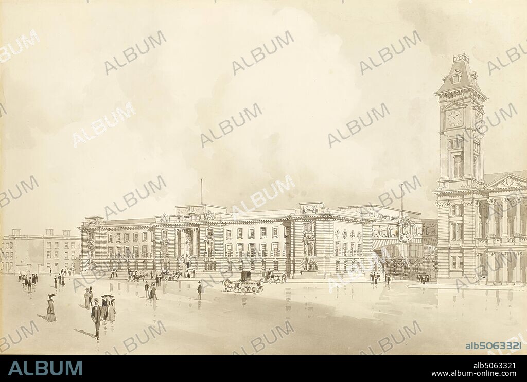 Birmingham Council House Extension (accepted design), 1907 Extension to Birmingham Museum & Art Gallery, opened in 1911 A perspective drawing of the proposed extension to the Council House, viewed from Chamberlain Place (now Square), showing the entire elevation to Congreve Street and part of Edmund Street, with the bridge link to the original Art Gallery. Probably from the office of Ashley and Newman, architects, for the Council House Extension., Ink, Architecture, Wash drawing.