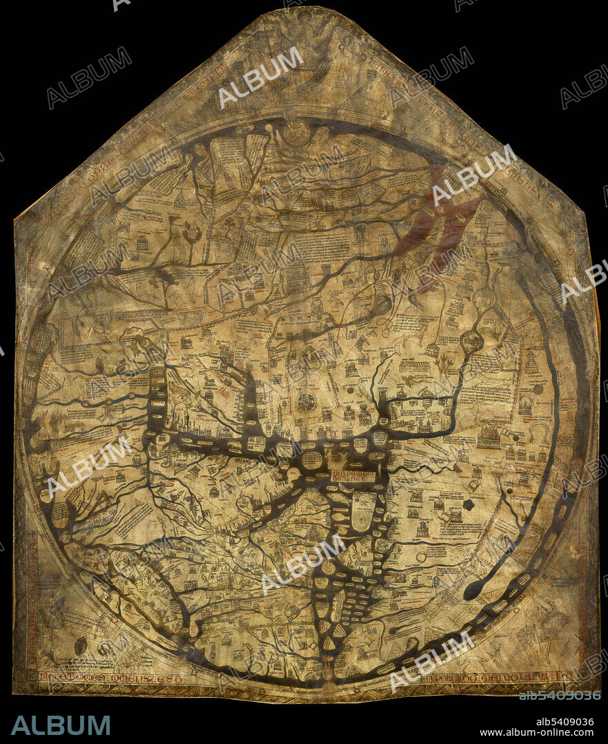 The Hereford Mappa Mundi is a medieval map of the known world, of a form deriving from the T and O pattern, dating from circa 1300. It is displayed at Hereford Cathedral in Hereford, UK. Drawn on a single sheet of vellum, it measures approximately 62 by 52 inches and is the largest medieval map known still to exist. It depicts 420 towns, 15 Biblical events, 33 animals and plants, 32 people, and five scenes from classical mythology. Jerusalem is drawn at the centre of the circle, east is on top, showing the Garden of Eden in a circle at the edge of the world. Great Britain is drawn at the northwestern border. The labels for Africa and Europe are reversed. The map is based on traditional accounts and earlier maps such as the one of the Beatus of Liebana codex, and is very similar to the Ebstorf map, the Psalter world map, and the Sawley map, it does not correspond to the geographical knowledge of the 14th century.