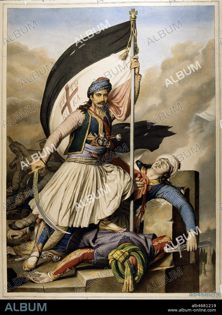 Le 25 mars 1821, les grecs, chretiens orthodoxes se soulevent contre les ottomans. Le 30 mars suivant, jour de Paques, la place forte turque de Salona (aujourd'hui Amphissa) est conquise par les insurges. Nikolakis Mitropoulos ou Nikoliaki Mitropolos arborant l'etendard de la croix le jour de Paques 1821 a Salone, Amphissa. Soulevement des grecs contre l'opresseur turc. Un grec arborant son etendard sur les murs de Salonique. Illustration de l'ouvrage de Louis DUPRE 'Voyage a Athenes et a Constantinople', edition de 1825. (19e, 19eme, XIXe s.) Credit : JEAN VIGNE / KHARBINE-TAPABOR.