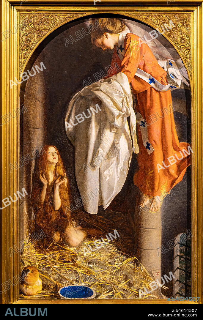 "St. Agnes in prison receiving the white shining garment from the sky", (1905) by Frank Cadogan Cowper (1877 - 1958); oil painting on canvas.