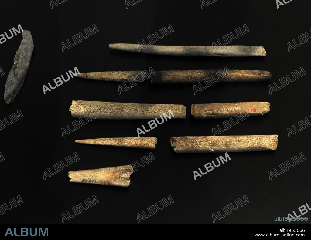 ARTE PREHISTORIA. Paleolítico Superior. Industria lítica realizada por el Homo Sapiens (Cro-magnon). Herramientas de hojas de sílex y huesos de animales. Museo Nacional. Copenhague. Dinamarca.