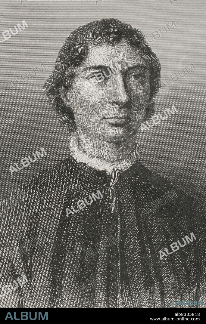 Nicolás Maquiavelo (1469-1527). Escritor y estadista italiano del Renacimiento. Retrato. Grabado. Historia Universal, por César Cantú. Tomo V. 1856.
