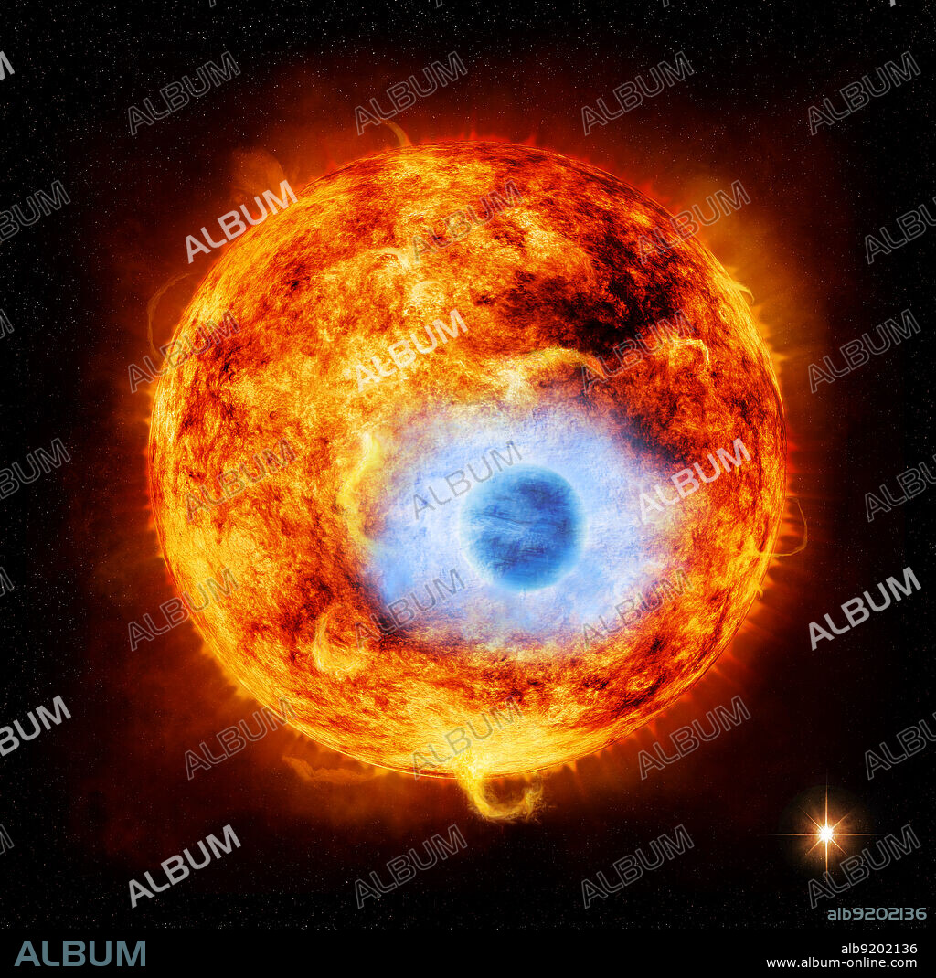 HD 189733b, the first exoplanet caught passing in front of its parent star in X-rays. NASA's Chandra X-ray Observatory and the ESA's XMM Newton Observatory have been used to observe a dip in X-ray intensity as HD 189733b transits its parent star. The main figure is an artist's impression showing the HD 189733 system, containing a Sun-like star orbited by HD 189733b, an exoplanet about the size of Jupiter . This "hot Jupiter" is over 30 times closer to its star than Earth is to the Sun and goes around the star once every 2.2 days, as determined from previous observations. Also in the illustration is a faint red companion star, which was detected for the first time in X-rays with these observations. This star orbits the main star about once every 3,200 years. The source in the middle is the main star and the source in the lower right is the faint companion star. The source at the bottom of the image is a background object not contained in the HD 189733 system. Release date July 29, 2013.