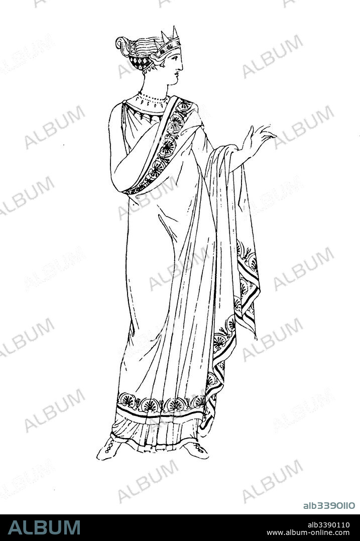Greece, Greek lady with reversed Himation or Peplos, History of fashion, costume story.