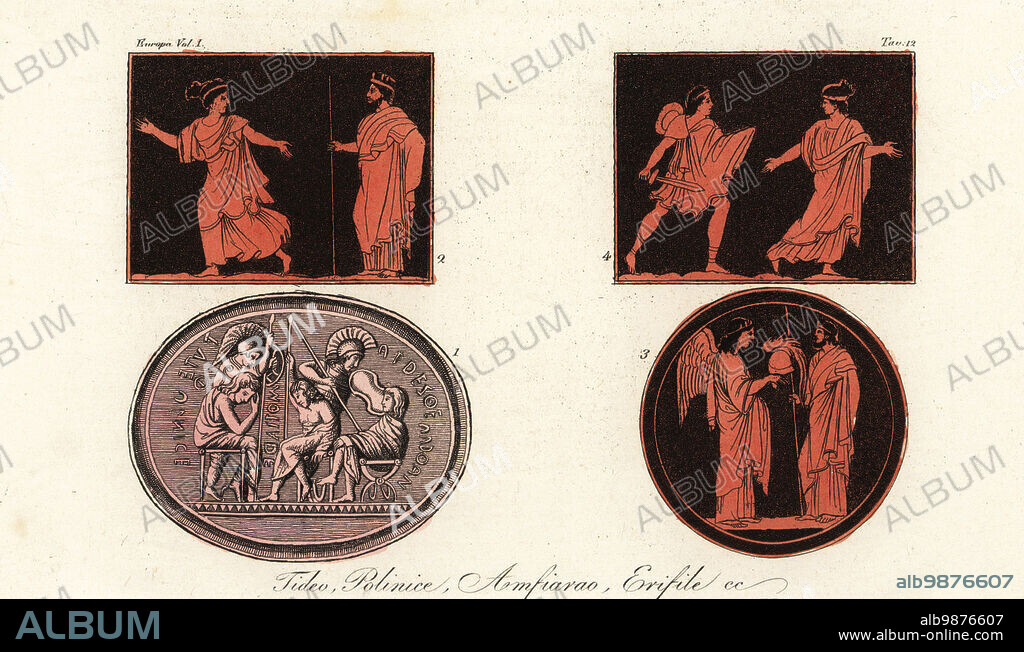 Depictions of the Seven against Thebes. Tydeus, Amphiaraus, Polynices and Parthenopeus, from an Etruscan cameo 1. Amphiaraus with Eriphyle 1, a genius presents a helmet to Amphiaraus 3, and Alcmaeon threatening Eriphyle 4, from vases owned by Sir William Hamilton. Tideo, Polinice, Amfiarao, Erifile, cc. Handcoloured copperplate engraving by Corsi from Giulio Ferrarios Costumes Ancient and Modern of the Peoples of the World, Il Costume Antico e Moderno, Florence, 1842.