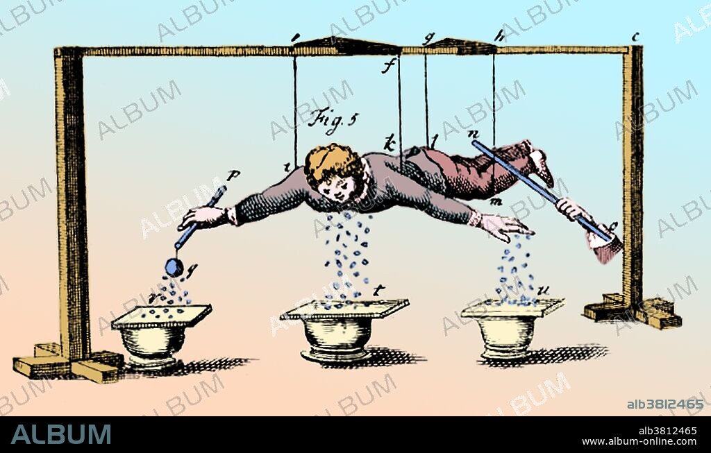 Illustration of Gray's "Flying Boy" experiment demonstrating the electrical induction (creating an electrical charge in a suspended object without contact). Stephen Gray (December 1666 - February 7, 1736) was an English astronomer who was the first to systematically experiment with electrical conduction. His demonstrations in the 1730s were celebrated around Europe: a boy was suspended on silk cords and charged with static electricity via a  close to the boy's feet, but without touching. Gray showed that the boy's face and hands (conducting) still attracted objects (electrostatic).  Until his work in 1729 the emphasis had been on the simple generation of static charges and investigations of the static phenomena. He also made the distinction between conduction and insulation, and discovered the action-at-a-distance phenomenon of electrostatic induction. This image has been color-enhanced.
