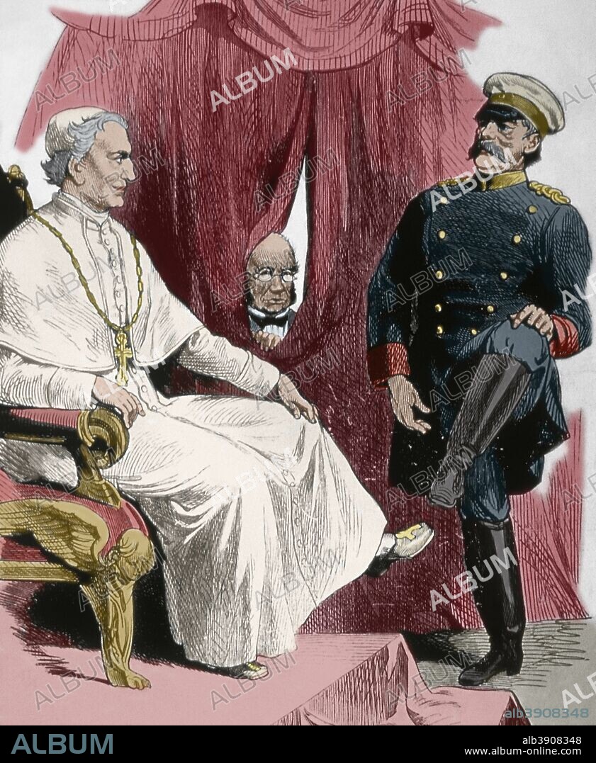 German Reich (1871-1914). Caricature about the cultural struggle (1878). Conflict known as Kulturkampf, originated by Otto von Bismarck (1815-1898) with the purpose to subject to the Catholic Church under the control of the German state. Caricature with the tittle Modus vivendi: Pope Leo XIII, that stretches his leg to Bismarck so that he kisses his feet. Bismarck also raises his leg. In the middle, Ludwig Windthorst, leader of the Centre Party. Engraving after a drawing by Wilhelm Scholz, 1878. Later colouration.