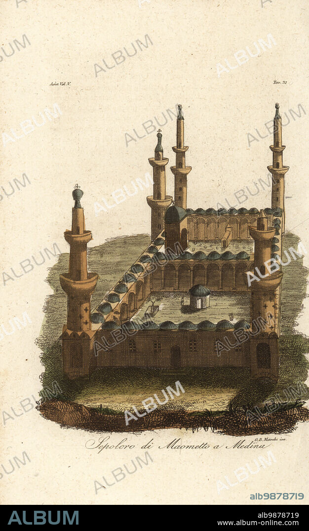 The Green Dome, or al-Qubah al-Khadra, in the Mosque of the Prophet, Al-Masjid al-Nabawi in Medina, Saudi Arabia. The tomb of Mahomet at Medina. Sepoloro di Maometto a Medina. Handcoloured copperplate engraving by G. B. Marchi from Giulio Ferrarios Costumes Ancient and Modern of the Peoples of the World, Il Costume Antico e Moderno, Florence, 1847.
