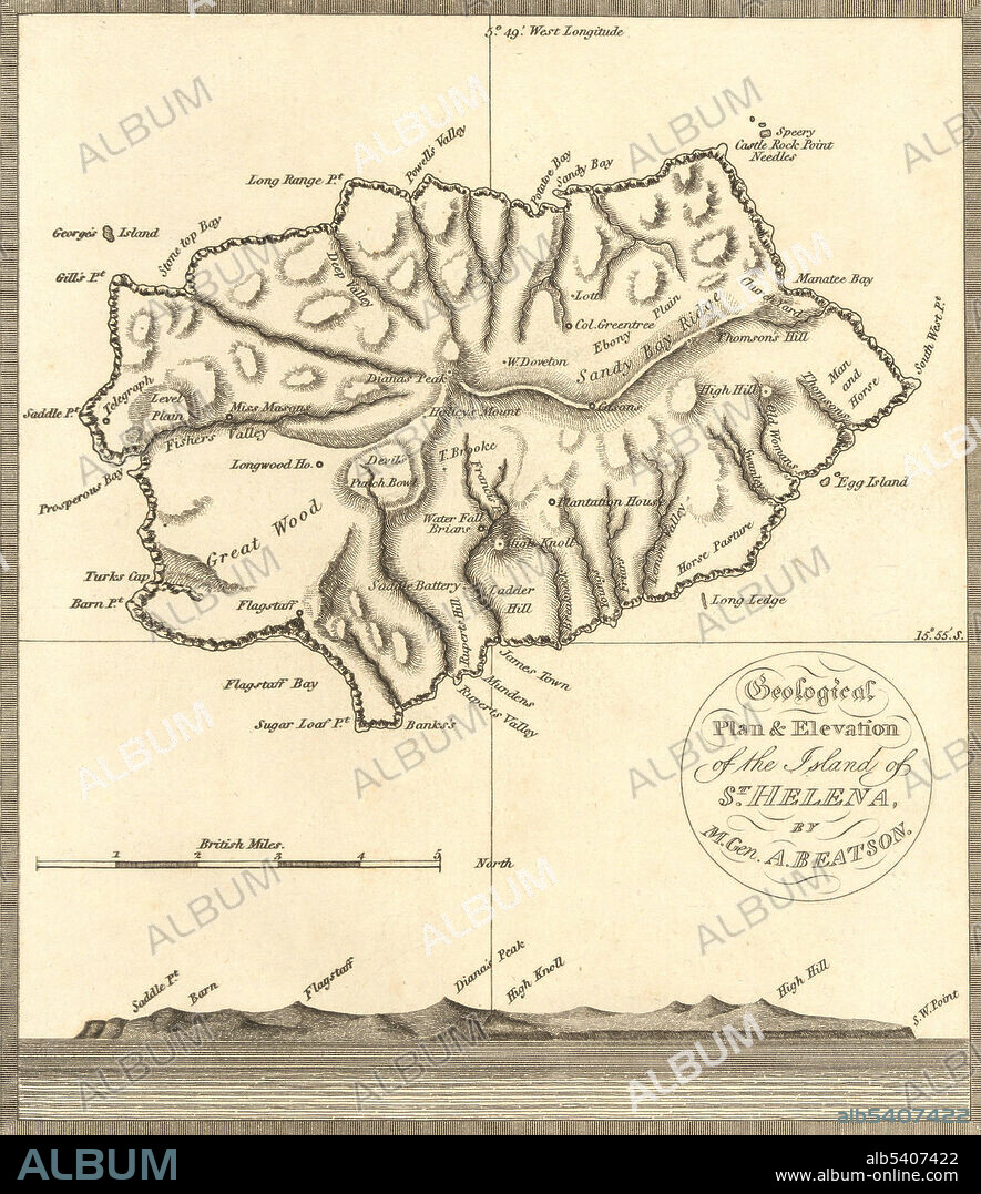 A map of St. Helena, the island in the middle of the South Atlantic where Napoleon Bonaparte was exiled and confined by the British from his defeat in 1815 until his death in 1821.