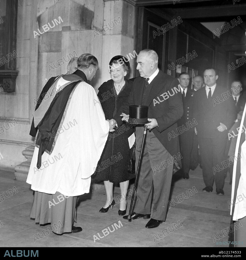 SIR ERIC HARRISON ATTENDS WITH WIFE MEMORIAL SERVICE FOR HMAS DESTROYER VOYAGER IN LONDON / ;. 3 MARCH 1964.