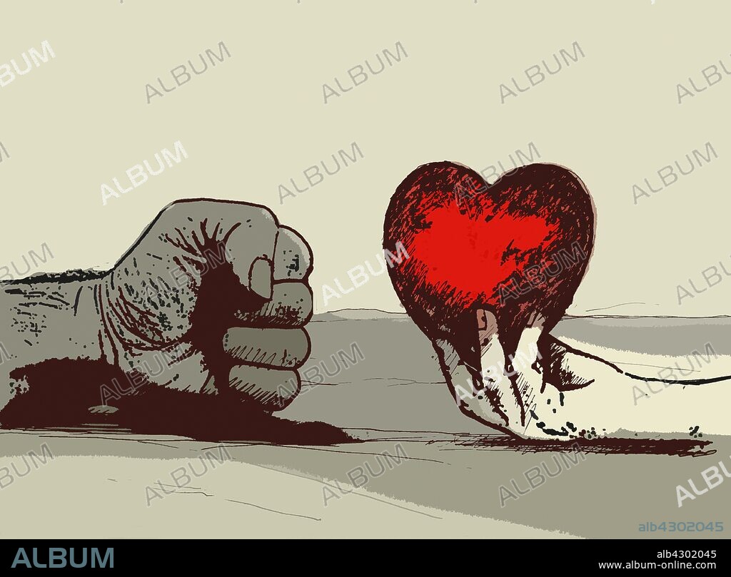 Man's clenched fist opposite woman's hand holding heart.