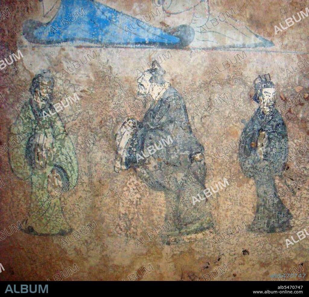 Laozi (Lao Tzu, c. 6th century BCE, left), meeting with Confucius (Kong Zi, K'ung-tzu, K'ung-fu-tzu, 551- 479 BCE) in a Han Dynasty (206 BCE- 220 CE) fresco from Dongping County, Shandong Province. The fresco, painted with blue, green, black and red colours is found on the walls of a tomb at an old residential yard in Dongping county, southwestern Shandong, and is estimated to be about 2,000 years old.