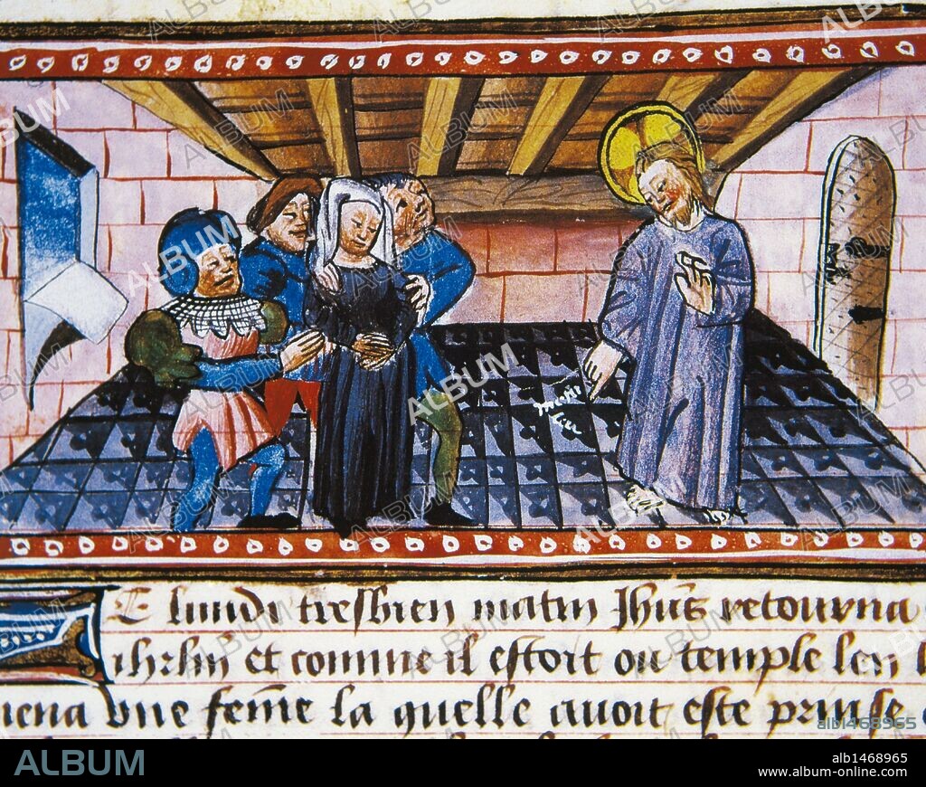"JESUS, ANTE UNA MUJER ADULTERA ESCRIBE EN EL SUELO DEL TEMPLO: 'QUIEN NO HAYA PECADO, QUE LANCE LA PRIMERA PIEDRA'; DESPUES LE DICE: ' VETE Y NO PEQUES MAS". Miniatura de "La Passion de Jesus-Christ" (La Pasión de Jesucristo), fechada en el siglo XV.