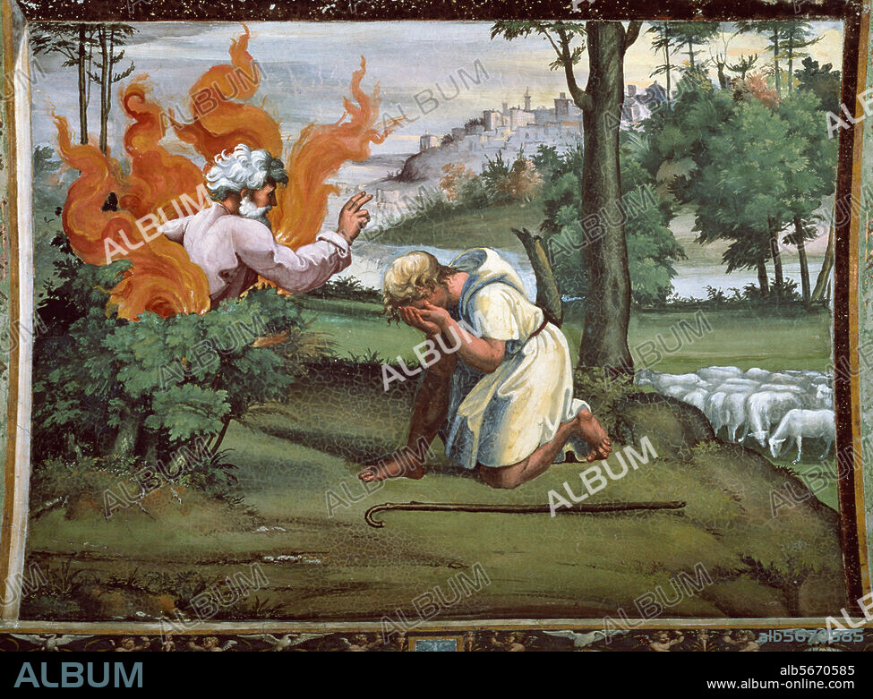 Raphael, originally Raffaello Sanzio 1483-1520. "Moses under the burning thorn bush", Fresco, c. 1515-18. Rome, Vatican, fresco cycle from the Loggia.