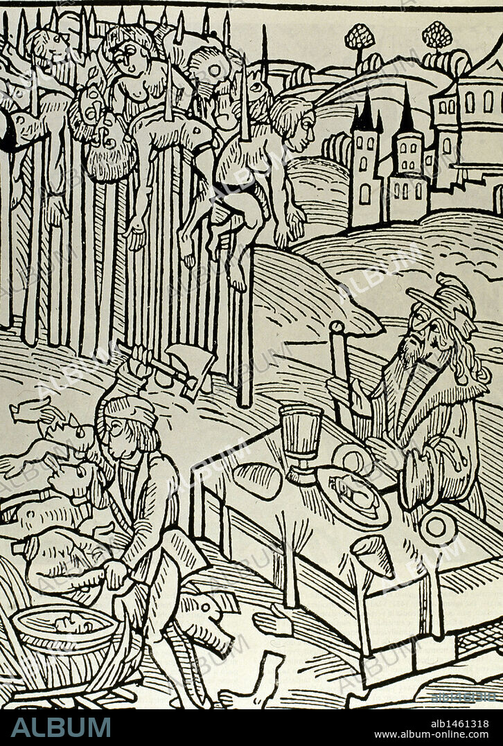 Vlad II (1393-1447), known as Vlad Dracul ("Vlad the Dragon"). Voivode (duke) of Wallachia. Scene of the impalement. Vlad Tepes or Vlad the Impaler is watching the operation from a table, having his lunch and drinking wine. Germanic Illustration.