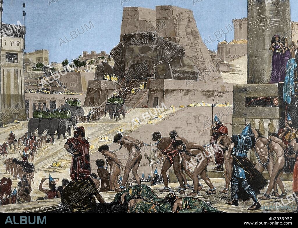 HISTORIA ANTIGUA. Templo dedicado al dios BAAL o BEL. Divinidad de Asia Menor de culto entre cadeos, fenicios, asirios y cartegineses. "Conducción de las víctimas al sacrificio en honor a Baal". Grabado coloreado a partir de un cuadro de Henry Motte. "La Ilustración Ibérica", año 1885.