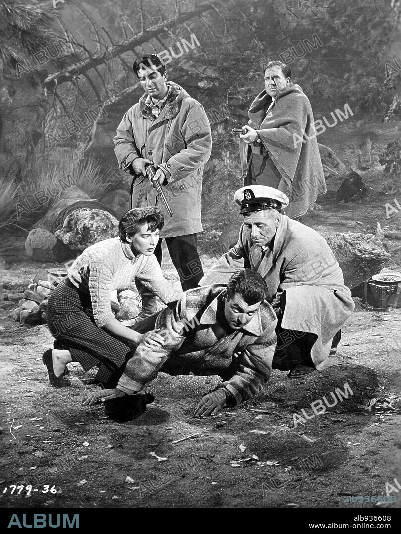 FRANK FAYLEN, JULIE ADAMS, RAY DANTON, RORY CALHOUN y THOMAS GOMEZ en BOTIN TRAGICO, 1955 (THE LOOTERS), dirigida por ABNER BIBERMAN. Copyright UNIVERSAL PICTURES.