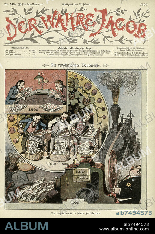 Wirtschaft / Kapitalismus. "Die revolutionäre Bourgeoisie. Der Kapitalismus in seinen Fortschritten". (Karikatur: Aktionäre beim Couponschneiden 1830, 1860 und 1900). Farbdruck, unbez. Aus: Der Wahre Jacob, Nr. 355, Stuttgart (J.H.W.Dietz) 27. Febr. 1900, S. 3183. Berlin, Sammlung Archiv für Kunst und Geschichte.