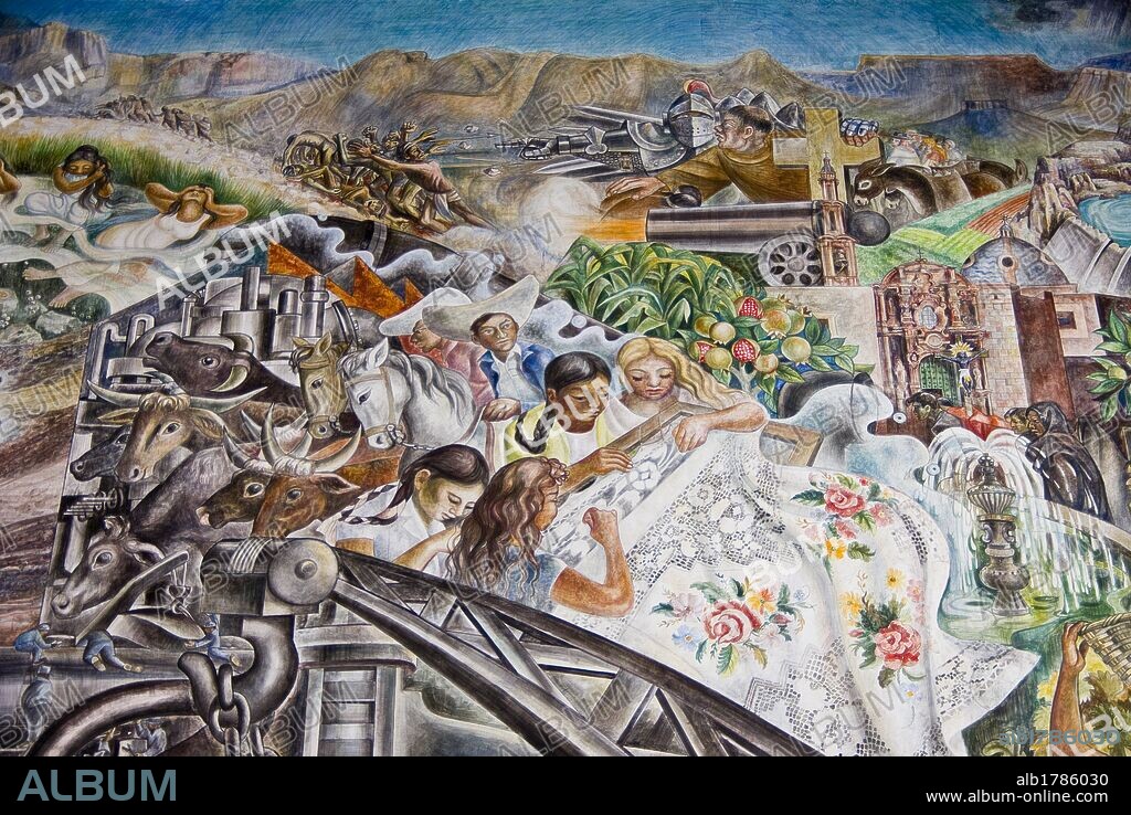 Mexico.Aguascalientes.Palace of Gobierno.Murals of O. Barra Cunningham.Relating to the history of Mexico.
