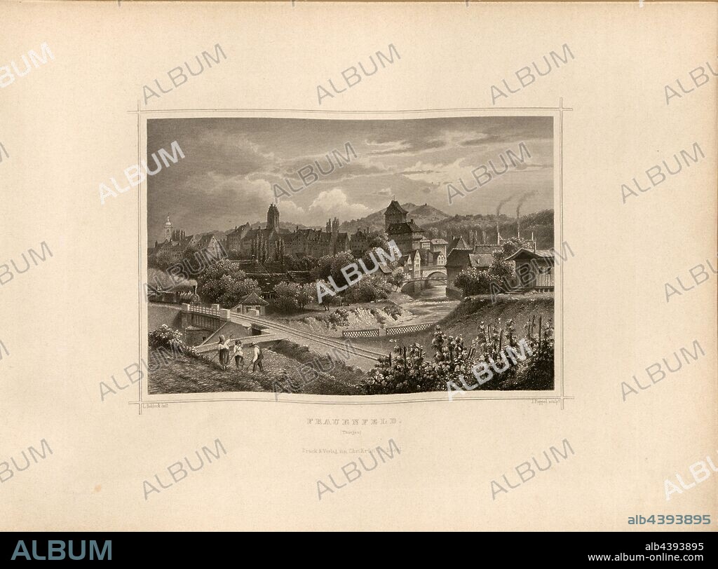 Frauenfeld, Frauenfeld in the canton of Thurgau, signed: L. Rohbock (del.); J. Poppel (sculp.), Taf. 27, p. 59, Rohbock, Ludwig (del.); Poppel, Johann Gabriel Friedrich (sculp.), 1870, Ludwig Rohbock: Album der Nord- und Ostschweiz: 100 Stahlstiche aus den Cantonen Basel, Solothurn, Aargau, Zürich, Schaffhausen, Thurgau, St. Gallen, Appenzell, Glarus und Graubünden. Basel: Verlag von Chr. Krüsi, [ca. 1870].