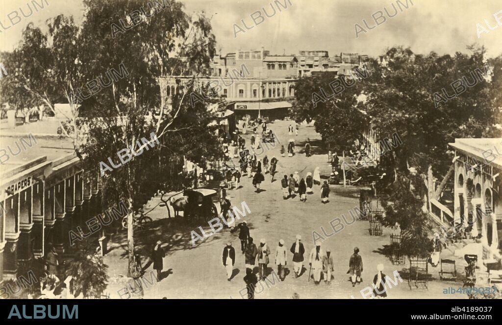 'A Portion of the Sadar Bazar, Rawalpindi - Taken from the Massy Gate', c1918-c1939. From an album of postcards.
