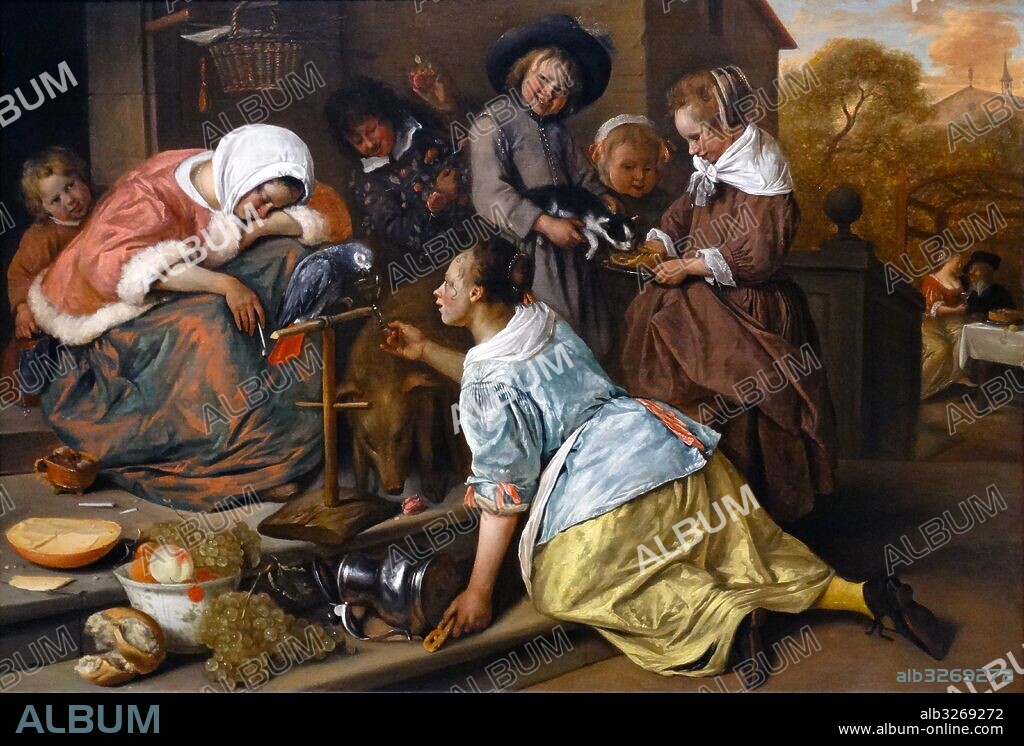 Painting titled 'The Effects of Intemperance' by Jan Steen (1626-1679) a Dutch genre painter. Dated 17th Century.