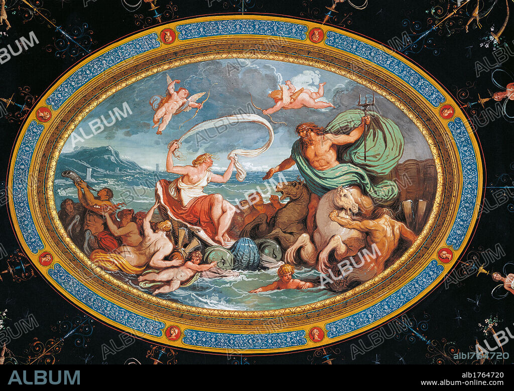 The Marriage of Poseidon and Amphitrite, by Giani Felice, 19th Century, 1802-1805, fresco (tempera on wall) ,. Italy, Emilia Romagna, Ravenna, Faenza, Palazzo Milzetti. All. Wedding marriage Poseidon Amphitrite oval sea putti.