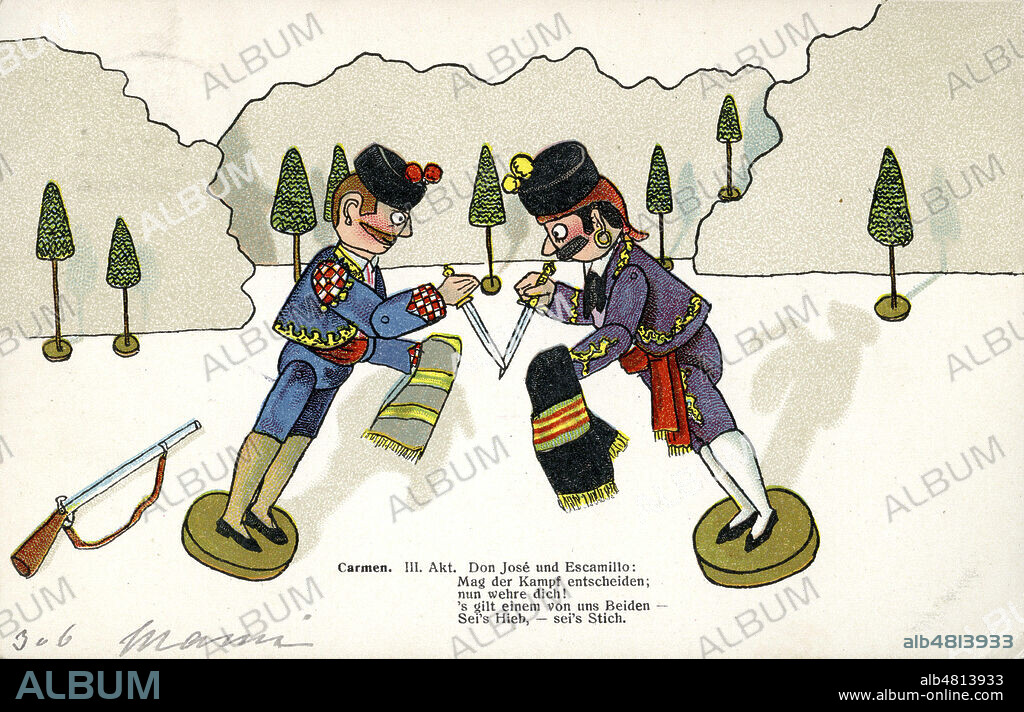 Acte III : Don Jose et Escamillo. Carte postale allemande vers 1905, serie sur l'opera Carmen de Bizet avec personnages representes en statuettes. Credit : IM/KHARBINE-TAPABOR.
