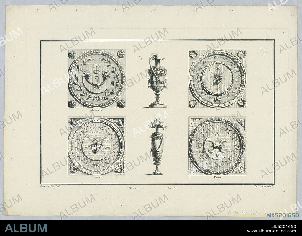 Vessels and Roundels with Attributes of Mercury, Pan, Love, and Diana, Richard de Lalonde, French, active 178096, C. le Meunnié, French, active 1768 - 1796, Jacques-François Chéreau, French, 1742 - 1794, Engraving on paper, Vessels and roundels with attributes of Mercury, Pan, Love, and Diana, France, ca. 17781782, Print, Print.