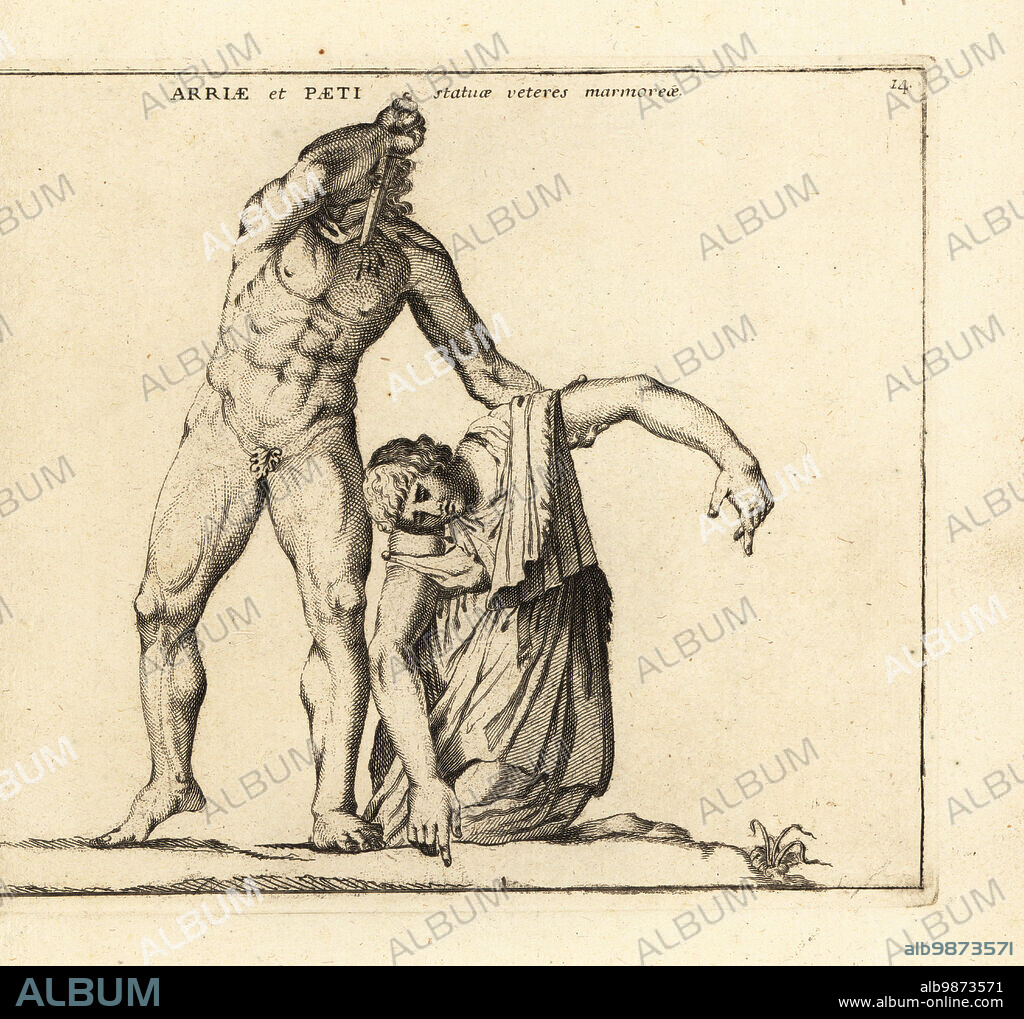 Statue of a Gaul stabbing himself after having killed his wife to prevent her falling captive. Formerly identified as Caecina Paetus stabbing himself after watching his wife Arria commit suicide. Arriae et Paeti statuae veteres marmoreae. Copperplate engraving by Giovanni Battista Cannetti from Copperplates of the most beautiful ancient statues of Rome, Calcografia di piu belle statue antiche a Roma, engraved by Cannetti all'Arco della Ciambella, published by Gaetano Quojani, Rome, 1779.