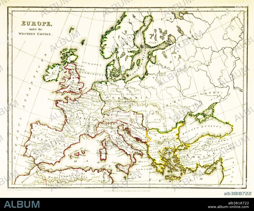 A map of Europe, showing the borders of the Western Roman Empire, which reached its greatest extent around 400 CE. A Western Roman Empire existed intermittently in several periods between the 3rd and 5th centuries (285 - 476 CE). Map published in 1831.