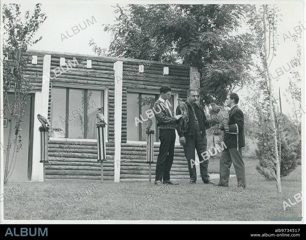 Madrid, noviembre de 1958. Club de cetrería de la Casa de Campo. En la imagen, frente a las halconeras, los cetreros, señores Pérez Tabernero, Aza y Rodríguez de la Fuente, conversan. Las aves, entre tanto, permanecen impasibles sobre las alcándaras.