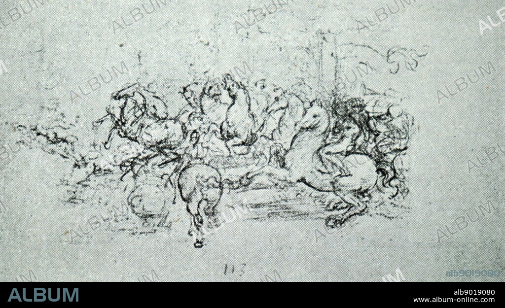 sketch for the Battle of Anghiari; cartoon; Chalk on paper, 1503-05 by Leonardo Da Vinci and Cesare da Sesto.