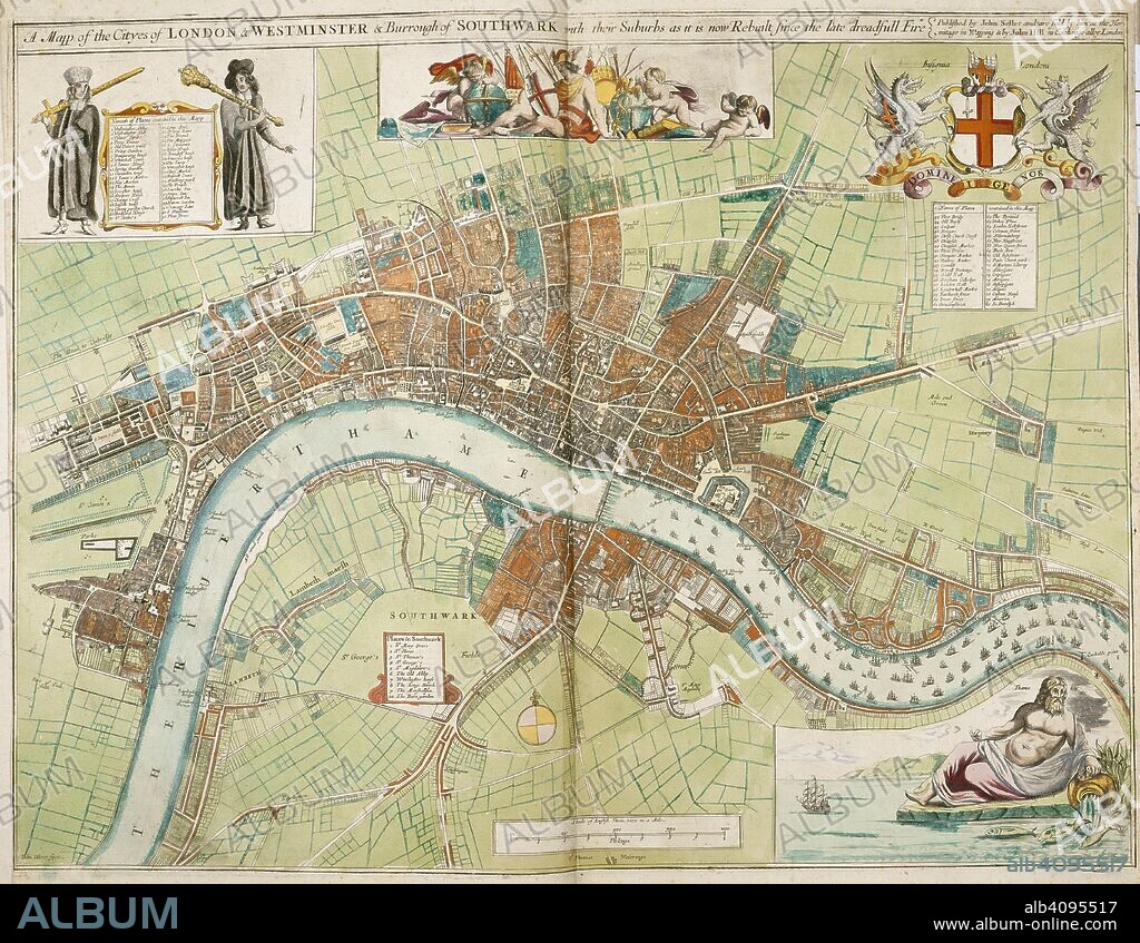 A map of the cities of London and Westminster and the Borough of Southwark with their suburbs, as it is now rebuilt since the late dreadful fire. A Collection of the County Mapps of the Kingdome of England and Principality of Wales, by John Seller (with a Map of Scotland and a Map of Ireland, a Plan of London and twenty-seven Views of its principal buildings). 1680. Source: Maps 1.TAB.18, page 4. Language: English.