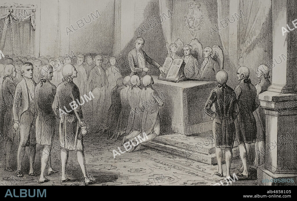 Constitución Española de 1812 o Constitución de Cádiz. Fué promulgada por las Cortes Españolas reunidas extraordinariamente en Cádiz el 19 de marzo de 1812. En esta fecha juraron la constitución en el Salón de Cortes los diputados y la Regencia. Ilustración. Juran las Cortes la Constitución. Historia del Levantamiento, Guerra y Revolución de España, por el Conde de Toreno. Madrid,1851.